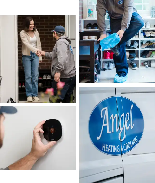 Four photos. Upper left - technician greeting woman at door. Upper right - technician putting protection on his feet. Lower left - technician adjusting thermostat. Lower right - Ange van focused on the logo.